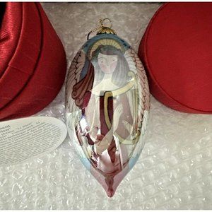 LI BIEN Hand-Blown Inside-Painted Angel Playing Harp Teardrop Ornament 5" & Case